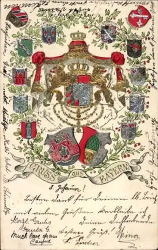 Präge Wappen Litho Gruß aus Bayern, München, Augsburg, Landshut, Nürnberg, Stadtwappen