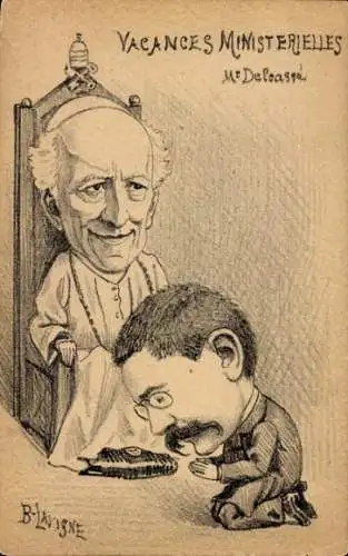 Künstler Ak Lavigne, Karikatur, Papst Leo XIII., Vincenzo Gioacchino Pecci, Théophile Delcassé