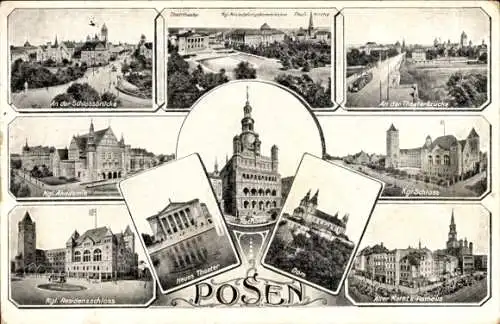 Ak Poznań Posen, Rathaus, Dom, Neues Theater, Residenzschloss, Akademie, Theaterbrücke, Alter Markt