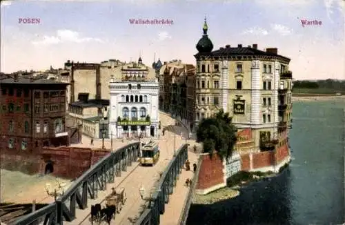 Ak Poznań Posen, Walischeibrücke mit Straßenbahn, Warthepartie, Cafe Restaurant, Apotheke