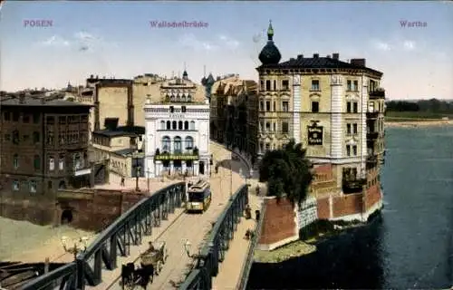 Ak Poznań Posen, Walischeibrücke mit Straßenbahn, Partie an der Warthe, Cafe Restaurant, Apotheke
