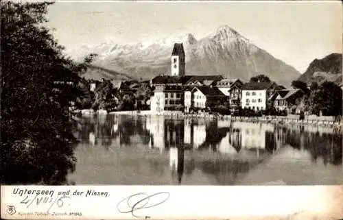 Ak Unterseen Kt. Bern, Ort, Blick vom See mit dem Niesen