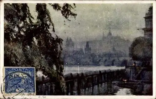 Künstler Ak Setelik, J., Praha Prag, Nachtansicht der Stadt, Brücke, Burg