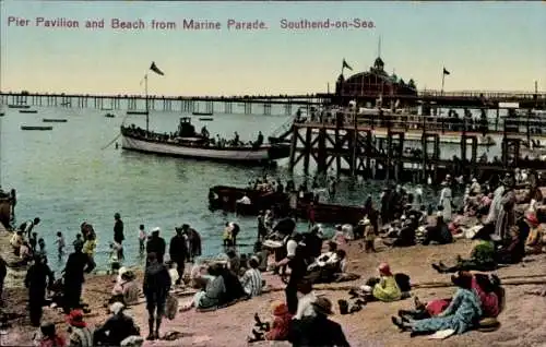 Ak Southend-on-Sea, Essex, England, Pier-Pavillon und Strand von der Marine Parade