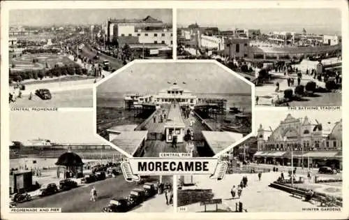 Ak Morecambe Nordwestengland, Central Promenade, Wintergärten, Badestadion