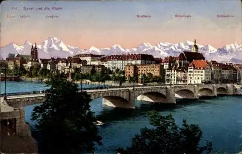 Ak Basel Stadt Schweiz, Alpenpanorama, Stadt, Brücke