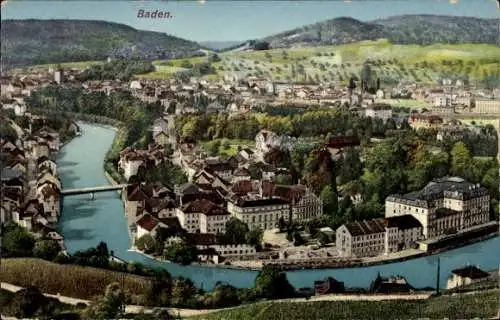 Ak Baden Aargau Schweiz, Gesamtansicht der Stadt, Brücke, Fluss