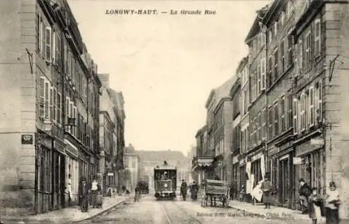 Ak Longwy Haut Meurthe et Moselle, Grande Rue, Straßenbahn