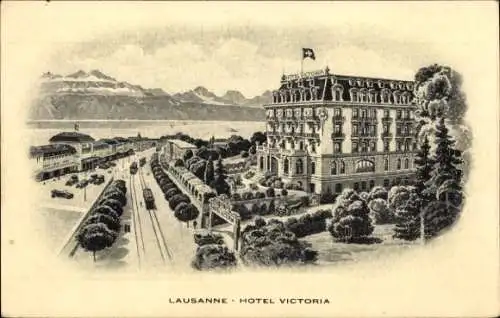 Ak Lausanne Kt. Waadt Schweiz, Hotel Victoria, Inh. R. Haeberli, Bahnhof, See, Straßenbahnen