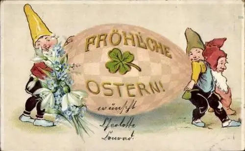 Ak Fröhliche Ostern, Zwerge tragen großes Osterei