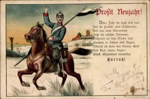 Litho Prosit Neujahr, Soldat zu Pferd