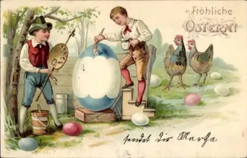 Litho Glückwunsch Ostern, Jungen bemalen ein Osterei, Hühner