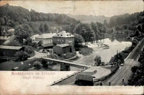 Ak Pöhl im Vogtland, Rentzschmühle im Elstertal, Brücke, Wehr, Bahnstrecke