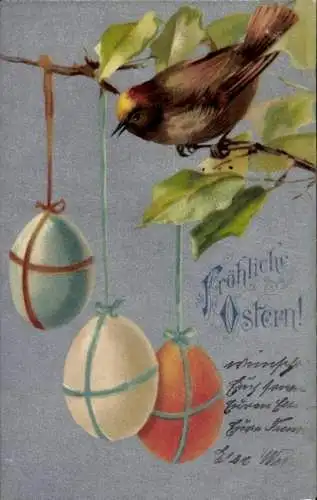 Ak Fröhliche Ostern, Ostereier hängen am Zweig, Vogel