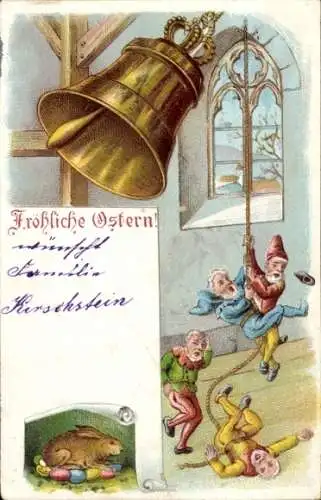 Litho Fröhliche Ostern, Zwerge läuten Glocke