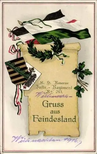 Ak Gruss aus Feindesland, K. S. Res.-Inf.-Regt. No. 243, Fahnen, Wappen