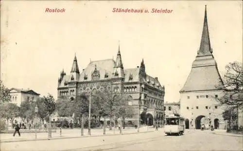 Ak Hansestadt Rostock, Steintor, Ständehaus, Straßenbahn