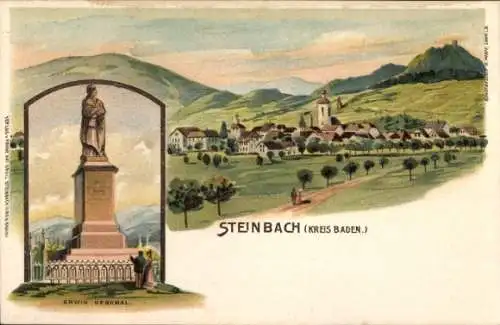 Künstler Litho Steinbach Baden Baden, Gesamtansicht der Ortschaft, Kirche, Erwin Denkmal