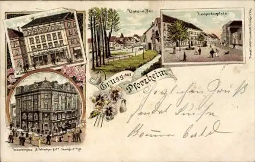 Litho Pforzheim im Schwarzwald, Leopoldsplatz, Untere Au, Warenhaus