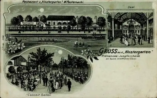 Mondschein Litho Berlin Charlottenburg Plötzensee, Jungfernheide, Restaurant zum Klostergarten