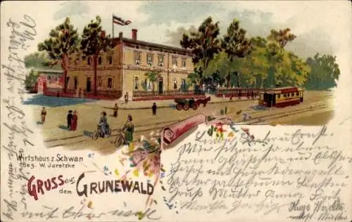 Litho Berlin Wilmersdorf Grunewald, Wirtshaus zum Schwan