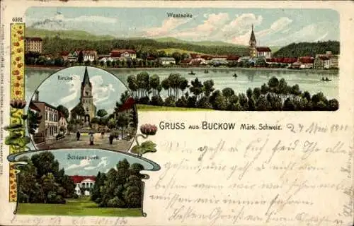 Litho Buckow in der Märkischen Schweiz, Westseite, Kirche, Schlosspark