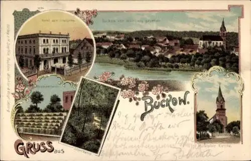 Litho Buckow in der Märkischen Schweiz, Hotel zum Kronprinz, Rosenparterre, Marktplatz, Kirche