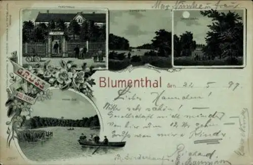 Mondschein Litho Blumenthal Prötzel in der Mark, Forsthaus, Gamen-See, Piche-See