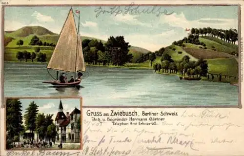 Litho Zwiebusch Gosen Neu Zittau in Brandenburg, Berliner Schweiz, Segelboot