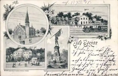 Litho Erkner in Brandenburg, Denkmal, Bahnhof, Kirche, Eisenbahn