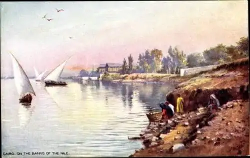 Ak Ägypten, On the Banks of the Nile, Segelboote