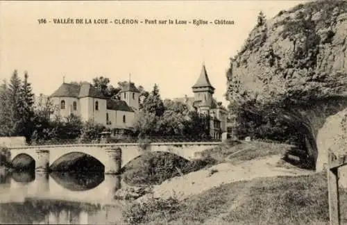 Ak Cleron Doubs, Pont sur la Loue, Kirche, Schloss