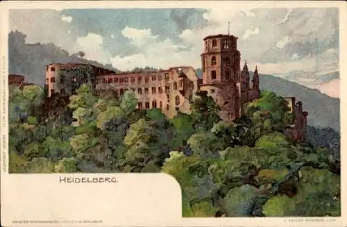 Künstler Litho Mutter, K., Heidelberg am Neckar, Schloss, Teilansicht der Ruine