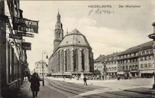 Ak Heidelberg am Neckar, Marktplatz, Kirche, Restauration Falken, Friseur