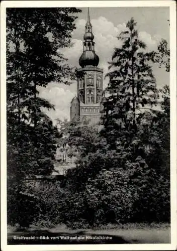 Ak Hansestadt Greifswald, Nikolaikirche, Blick vom Wall