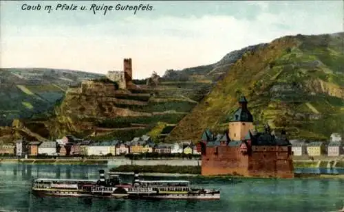 Ak Caub Kaub am Rhein, Ruine Gutenfels, Raddampfer