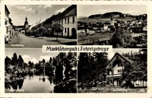 Ak Marktschorgast im Fichtelgebirge, Totalansicht, Marktplatz, Goldbergsee, Grundmühle