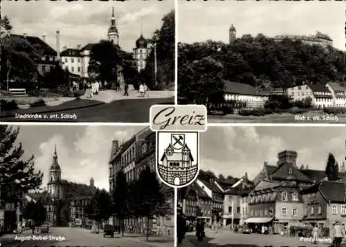 Ak Greiz Vogtland, Stadtkirche, unteres Schloss, oberes Schloss, August-Bebel-Straße, Puschkinplatz