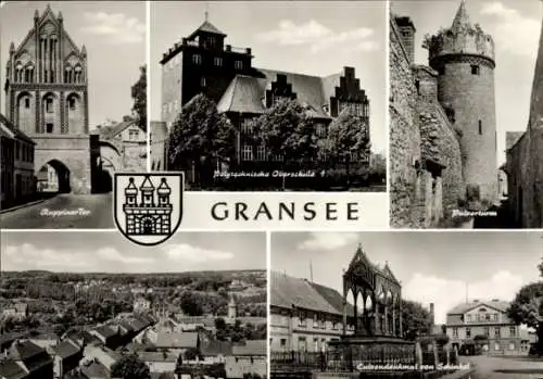 Ak Gransee in der Mark, Ruppiner Tor, Polytechnische Oberschule, Pulverturm, Totale, Luisendenkmal