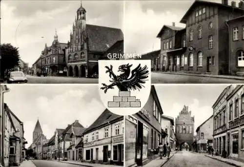 Wappen Ak Grimmen in Mecklenburg Vorpommern, Teilansichten, Rathaus, Bahnhof, Stadttor