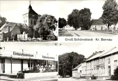 Ak Groß Schönebeck Kreis Bernau, Dorfkirche, Konsum Gaststätte Zur Schorfheide, Einkaufszentrum