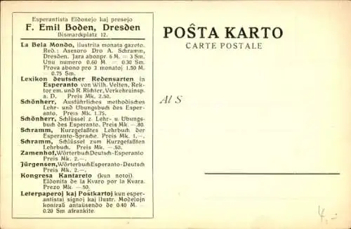 Ak Dresden, Esperantista Eldonejo kaj presejo F. Emil Boden, Bismarckplatz 12, Esperanto