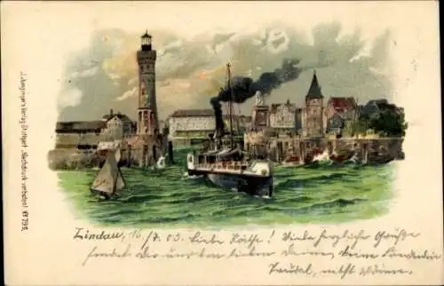 Litho Lindau am Bodensee Schwaben, Hafeneinfahrt