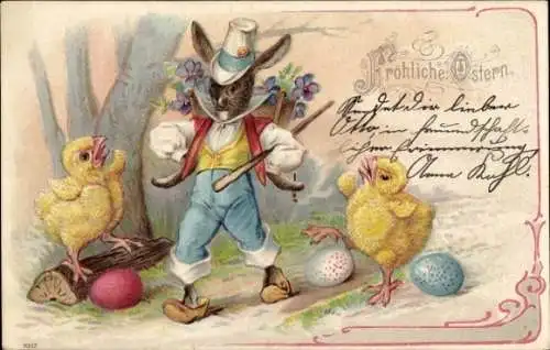 Litho Glückwunsch Ostern, Vermenschlichter Osterhase, Küken, Ostereier