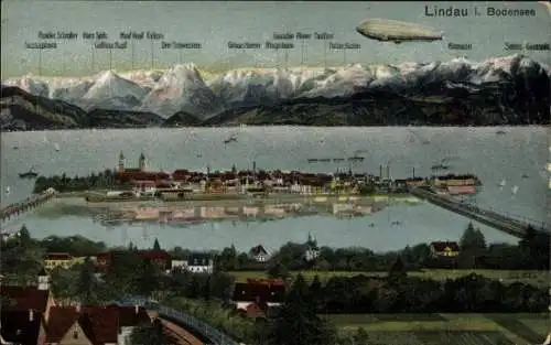 Ak Lindau am Bodensee Schwaben, Panorama, Zeppelin