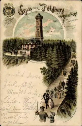 Litho Annaberg Buchholz Erzgebirge, Pöhlberg, Wappen, Aussichtsturm, Aufstieg, Wanderer