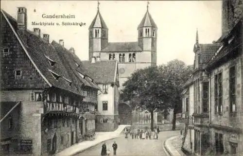 Ak Bad Gandersheim in Niedersachsen, Marktplatz, Stiftskirche, Straßenpartie