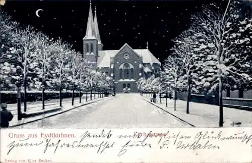 Ak Tschernyschewskoje Eydtkuhnen Ostpreußen, Kirchenstraße, Kirche, Winter, Fröhliches Neujahr