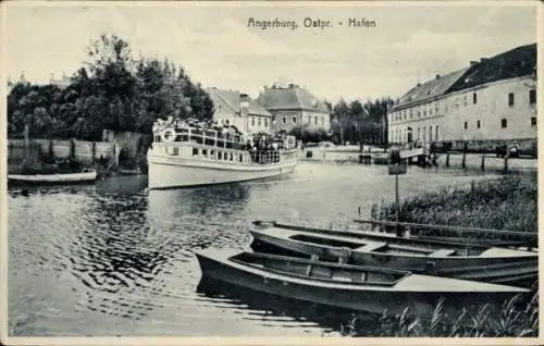 Ak Węgorzewo Angerburg Ostpreußen, Hafen, Ausflugsschiff, Boote