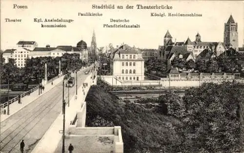 Ak Poznań Posen, Theaterbrücke, Paulikirche, Residenzschloss, Ansiedelungskommission